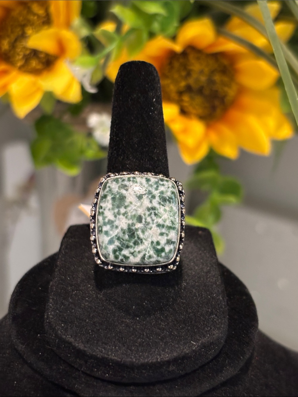 Silver Green Moss Agate Square Statement Ring Size 7